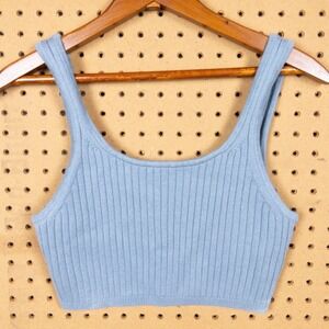 Wilfred Aritzia Blue Ribbed Knit Crop Top Merino Wool Cotton Tank Medium